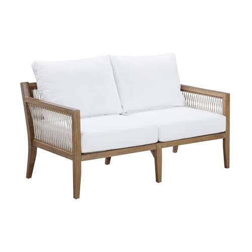 Nathan James Freya Bohemian Wood Loveseat Upholstered Sofa White Cushion/Light Brown Wood