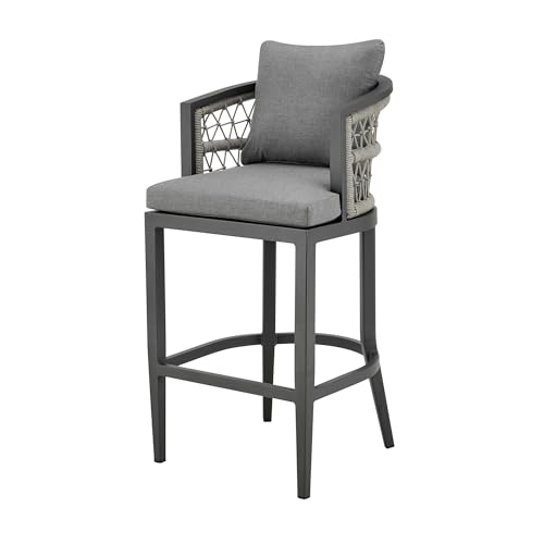 HomeRoots 37" Gray Metal Outdoor Counter Height Bar Chair with Footrest Grey