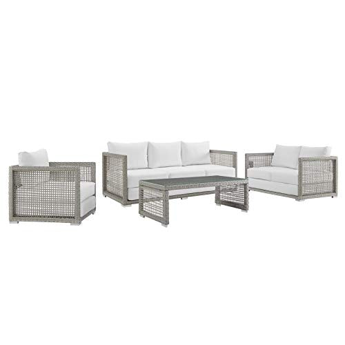 Modway Aura Outdoor Patio Wicker Rattan Sofa Set Gray White