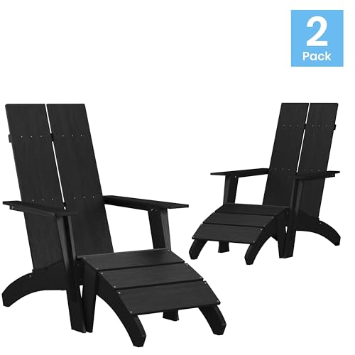 Flash Furniture Set of 2 Sawyer Adirondack Chairs with Footrests Black