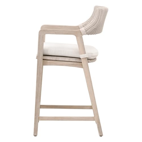 Benzara 28 Inch Outdoor Counter Stool Chair Synthetic Wicker Gray White
