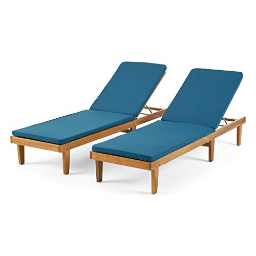 Great Deal Furniture Outdoor Modern Acacia Wood Chaise Lounge with Cushion Set of 2 Teak Finish Blue