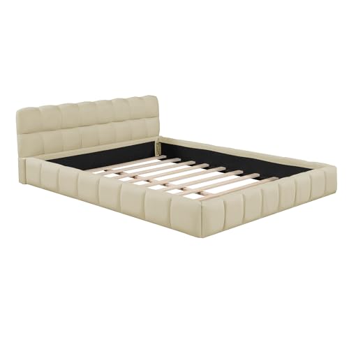 Jintop Queen Size Linen Upholstered Platform Bed Beige