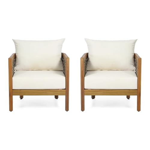 Merax Outdoor Acacia Wood Wicker Club Chair Set of 2 with Cushion Beige