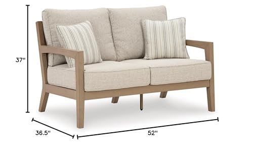 Signature Design by Ashley Hallow Creek Cottage Weather Resistant Outdoor Loveseat with Cushion and 2 Throw Pillows Light Brown & Beige