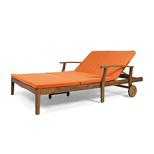 Great Deal Furniture GDFStudio Double Chaise Lounge Acacia Wood Teak Finish Orange Cushions