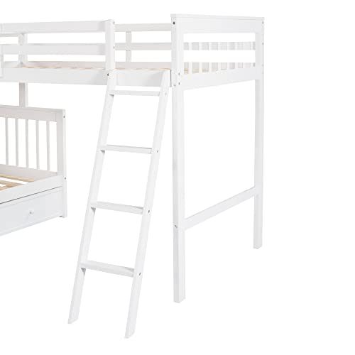 DRELOFT L-Shaped Twin Bunk Bed with Storage Drawers White