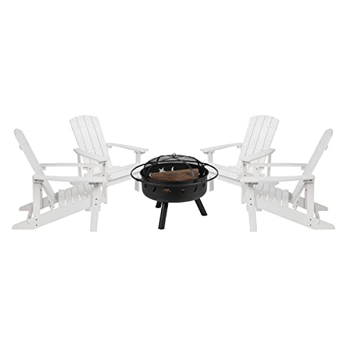 Merrick Lane Ayala Adirondack Chairs & Fire Pit - 4 Pack White Poly Resin Chairs with Black Star and Moon Fire Pit