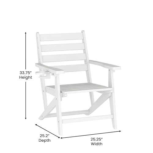 EMMA + OLIVER Arcata 5-Piece Indoor-Outdoor Adirondack Dining Set, 48" Round Table & 4 Chairs with Cupholders, White