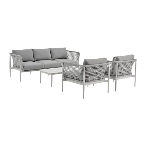 Armen Living Rhodes Outdoor Patio 4 Piece Conversation Set Aluminum Sintered Stone Light Gray