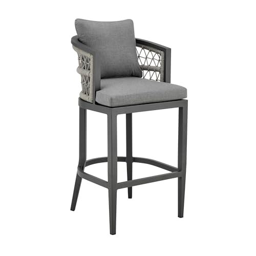 HomeRoots 37" Gray Metal Outdoor Counter Height Bar Chair with Footrest Grey