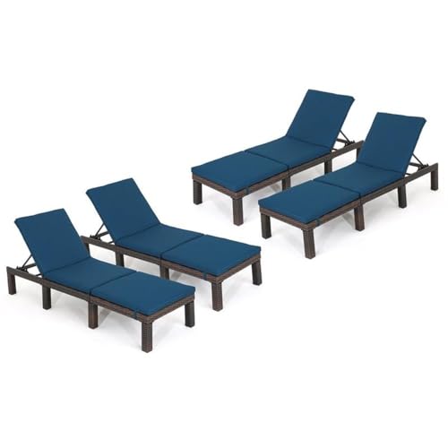 Noble House Jamaica MultiBrown Wicker Chaise Lounge Set of 4 with Blue Cushion