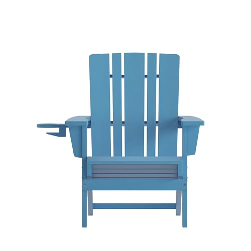 BizChair Adirondack Chairs Set of 4 with Cup Holders, Weather Resistant Poly Resin Blue