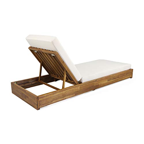 Christopher Knight Home Abraham Outdoor Acacia Wood Chaise Lounge Set of 2 Teak Finish + Cream