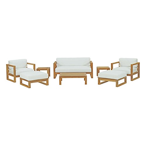 Modway Upland Teak Wood Outdoor Patio 8-Piece Sectional Sofa Set Natural White