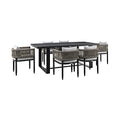 Armen Living Felicia Outdoor Patio 7-Piece Dining Table Set Aluminum Grey Rope Cushions Black