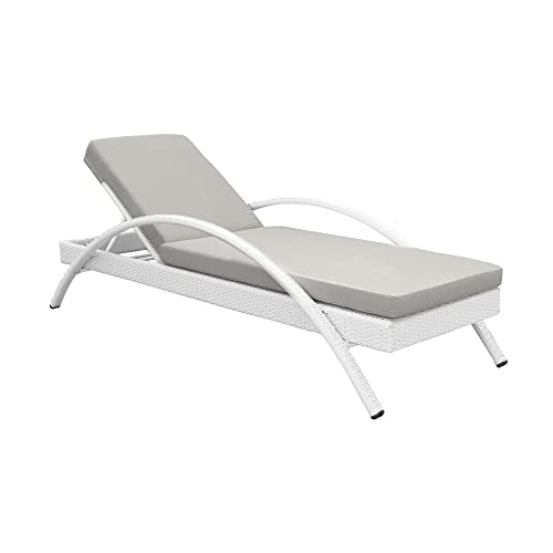 Armen Living Aloha Outdoor Patio Chaise Lounge Chair White Aluminum and Wicker with Gray Cushion