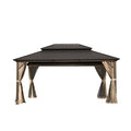 LOPOO Hardtop Gazebo Premium Aluminum Frame with Double Roof Canopy and Curtains Brown