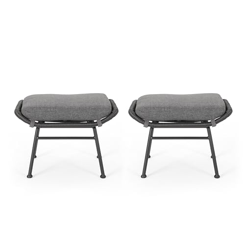 Benzara Margo Outdoor Ottoman Set of 2, 24 Inch Iron with Cushion Gray Black