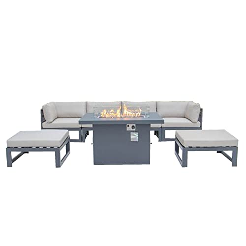 LeisureMod Chelsea Outdoor Patio 7-Piece Conversation Set with Fire Pit Table Beige