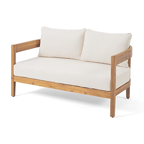 Christopher Knight Home Alina Outdoor Acacia Wood Loveseat Set with Coffee Table Teak Finish, Beige