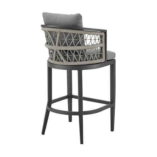 Benzara Hosa 30 Inch Outdoor Patio Barstool Chair Gray Aluminum Woven Rope Grey