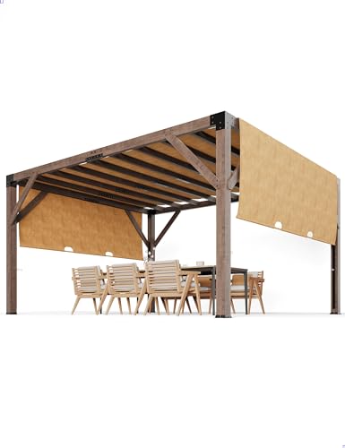KYBOLT 12x14 Ft Wood Pergola with Retractable Sunshade Canopy Reddish-Brown
