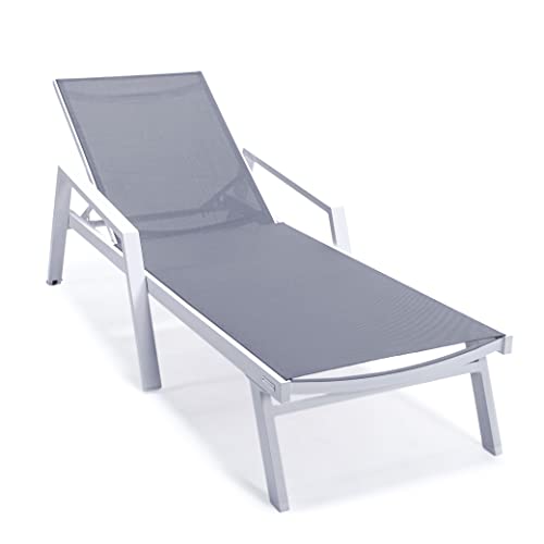 LeisureMod Marlin Modern Outdoor Chaise Lounge Chair Set with Fire Pit Table Dark Grey