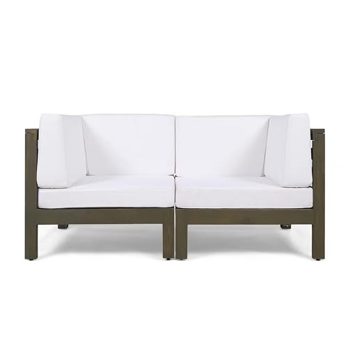 Benzara Ony Outdoor Loveseat with Detachable Acacia Wood Chairs and White Cushions White and Brown