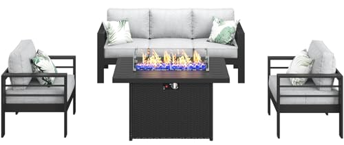 LayinSun Aluminum Furniture Set with Fire Pit Table 4-Piece Patio Sectional Sofa Black