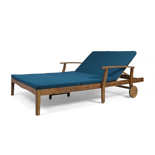 Benzara Hoye Double Chaise Lounger Recliner Bed Outdoor 79 Inch Teak Brown and Green