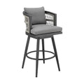 Armen Living Zella Outdoor Patio Swivel Bar Stool Aluminum Light Gray Rope Earl Gray Cushions