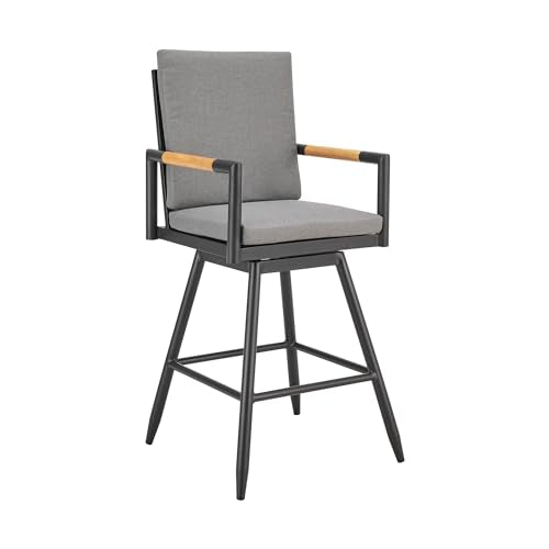 Armen Living Crown Outdoor Patio Swivel Bar Stool Black Aluminum with Wood Accent Dark Gray