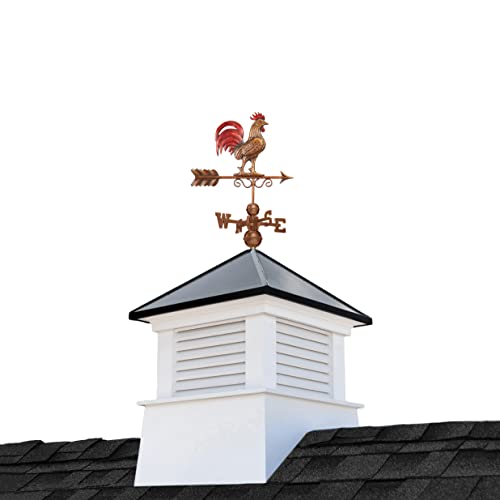 Good Directions 30" Square Manchester Vinyl Cupola with Black Aluminum Roof and Copper Bantam Red Rooster Weathervane White/Black/Red