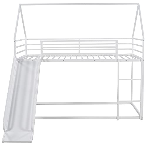 Brisca Metal Twin Size House Bed with Roof and Slats Support White
