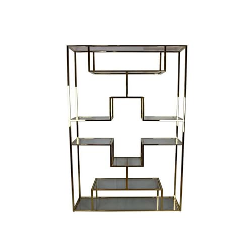 Benzara Adena 75 Inch Tall Plant Stand Geometric Metal Shelves Gold