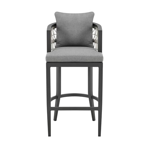 HomeRoots 37" Gray Metal Outdoor Counter Height Bar Chair with Footrest Grey