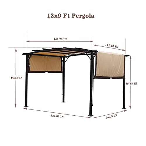 ANTSKU 12' x 9' Outdoor Pergola with Retractable Canopy Black Beige