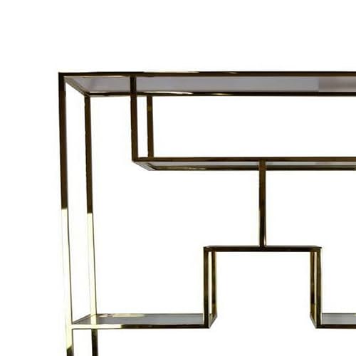 Benzara Adena 75 Inch Tall Plant Stand Geometric Metal Shelves Gold