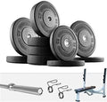 French Fitness Olympic Bumper Plate Set w/7 ft Olympic Bar 325 lbs + Bench (New)