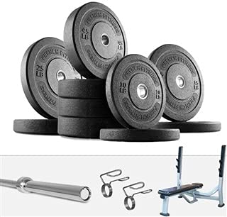 French Fitness Olympic Bumper Plate Set w/7 ft Olympic Bar 325 lbs + Bench (New)