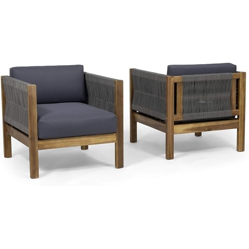 Benzara Outdoor Accent Chair Set of 2 Rope Weaving Teak Brown and Gray