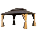 LOPOO Cedar Wood Gazebo Brown - Solid Hardtop with Galvanized Steel Double Roof, Includes Netting & Curtains