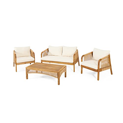 Merax 4-Piece Outdoor Acacia Wood Wicker Patio Conversation Set Beige