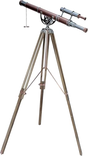 Antiqueex Vintage Maritime Telescope Chrome/Copper on Adjustable Wooden Tripod