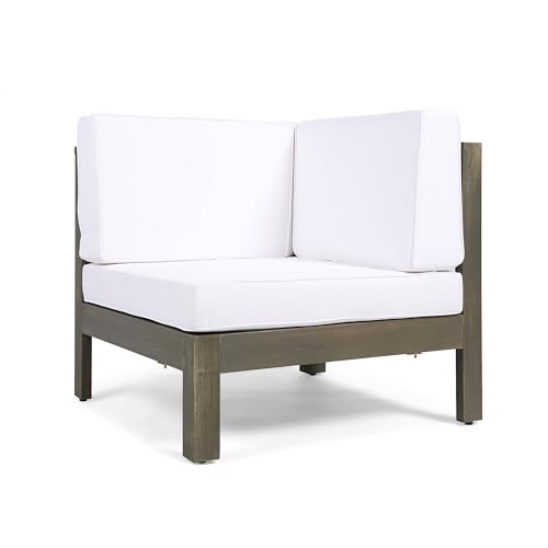 Benzara Ony Outdoor Loveseat with Detachable Acacia Wood Chairs and White Cushions White and Brown