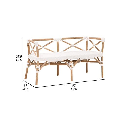 Benzara Benjara Kelly 52 Inch Accent Bench Handwoven Crossed Rattan White and Brown