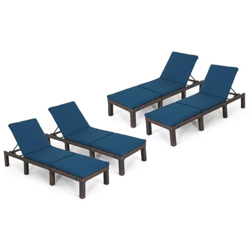 Noble House Jamaica MultiBrown Wicker Chaise Lounge Set of 4 with Blue Cushion