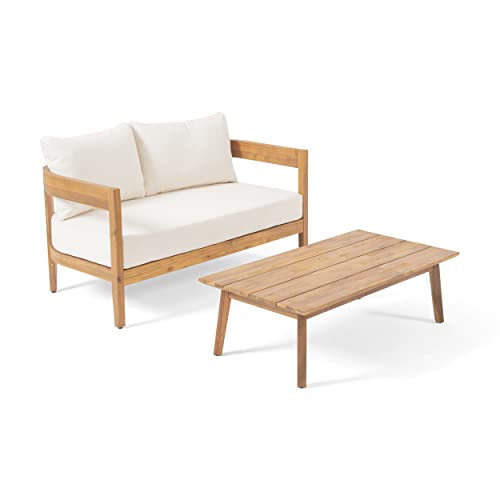 Christopher Knight Home Alina Outdoor Acacia Wood Loveseat Set with Coffee Table Teak Finish, Beige
