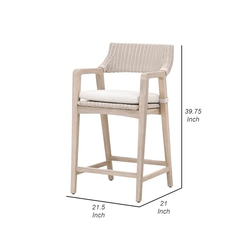 Benzara 28 Inch Outdoor Counter Stool Chair Synthetic Wicker Gray White